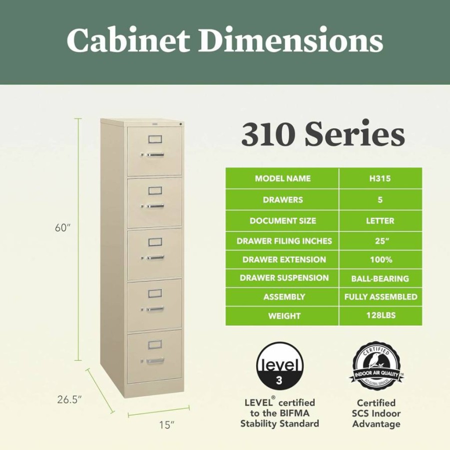 HON 4-Drawer Locking Metal File Cabinet, Letter Size Vertical Filing Cabinet for Office, 25" Deep, Putty Finish, Hanging File Storage