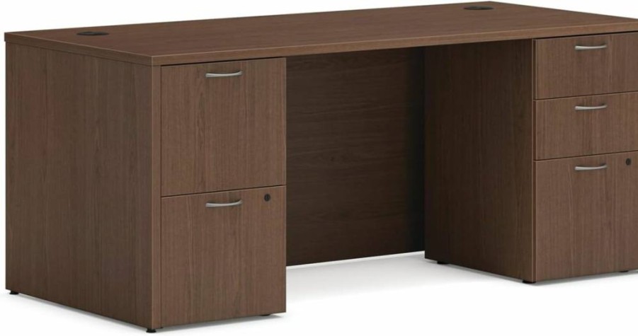 HON Mod Executive Office Desk 66" Wide with Double Drawers, Mahogany Modern Computer Desk for Home Office, Double Pedestal Design