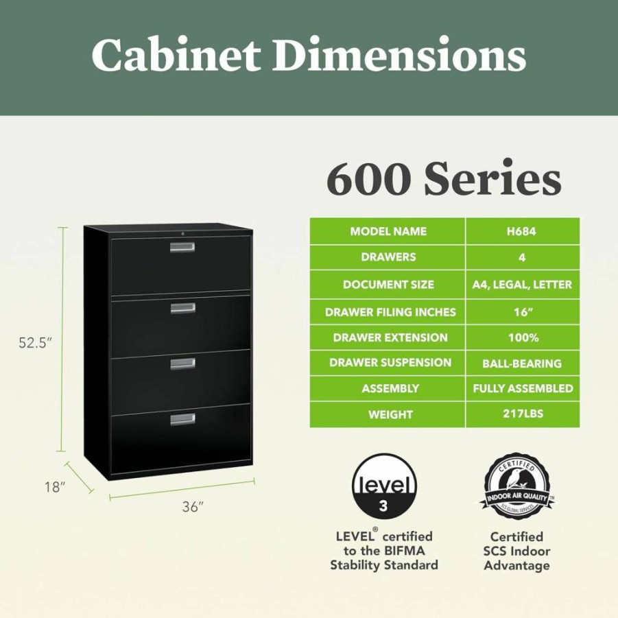 HON 4-Drawer Lockable Lateral File Cabinet, 18" Deep Light Gray Metal Office Storage with Adjustable Hangrails for A4, Legal & Letter Files