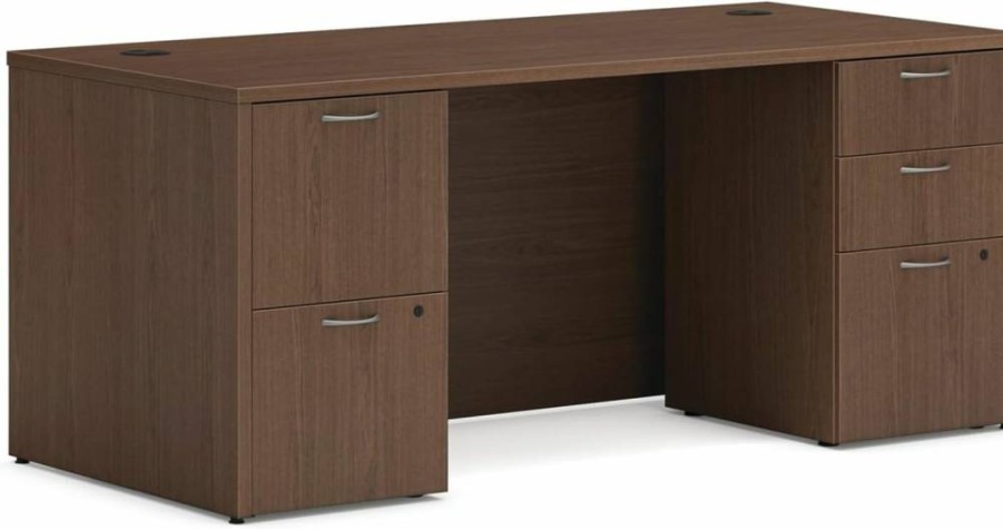 HON Modern 60" Java Oak Executive Office Desk with Double Drawers, Home Computer Workstation, Durable Double Pedestal Design