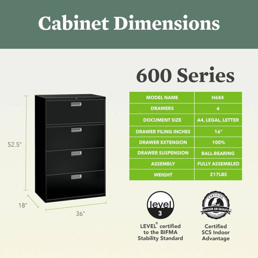 HON 3-Drawer Lockable Lateral File Cabinet - 18" Deep Black Metal Office Storage for A4, Legal, Letter Files with Adjustable Hangrails
