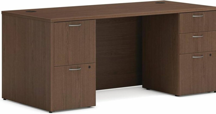 HON Mod Executive 48" W Mahogany Office Desk with Drawers and Pedestal, Modern Home Computer Desk