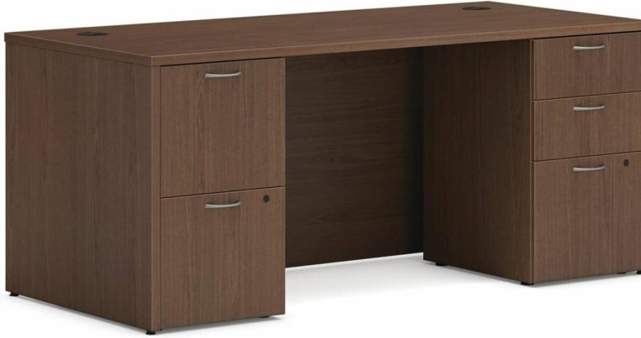HON Mod Executive Office Desk 60" Wide with Drawers, Modern Slate Teak Computer Desk, Home Office Workstation with Pedestal