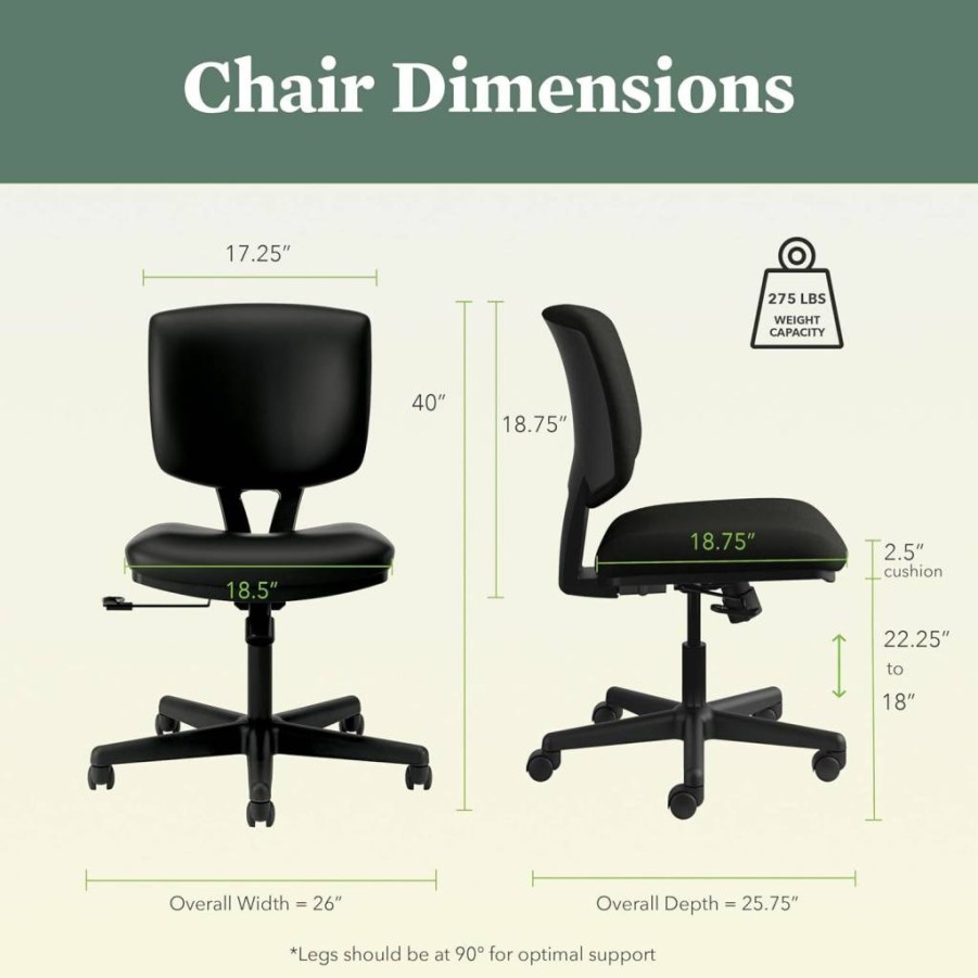 HON Volt Ergonomic Standing Desk Chair with Foot Rest - Armless Reclining Office Chair, Center Tilt Mechanism, Black Fabric