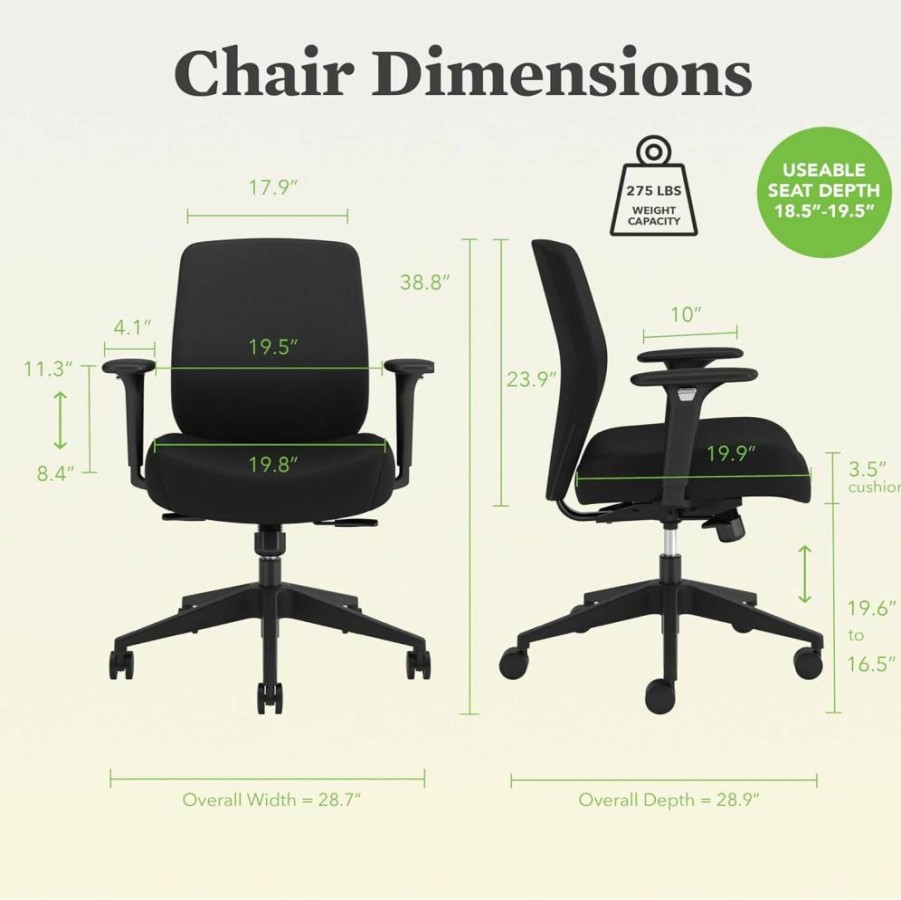 HON Altern Ergonomic Office Chair with 3.5" Thick Foam Seat, Adjustable Arms, Synchro-Tilt Tension, and Seat-Slide Controls - Low Back Upholstered Desk Chair in Black