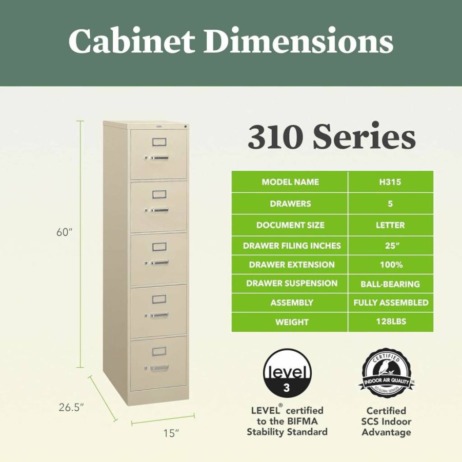 HON 4-Drawer Locking Vertical File Cabinet, 26.5" Deep Metal Filing Cabinet for Letter & Hanging Files, Putty Finish