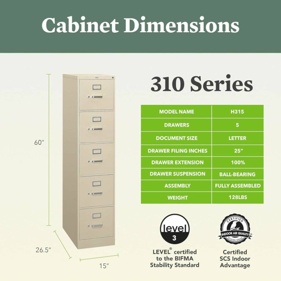 HON 5-Drawer Locking Vertical File Cabinet - 26.5" Deep Black Metal Filing Cabinet for Letter & Hanging Files