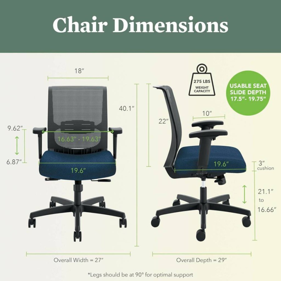 HON Convergence Ergonomic Mesh Office Chair with Adjustable Arms, Synchro-Tilt Recline, and Wheels for Back Support - Navy Fabric Desk Chair