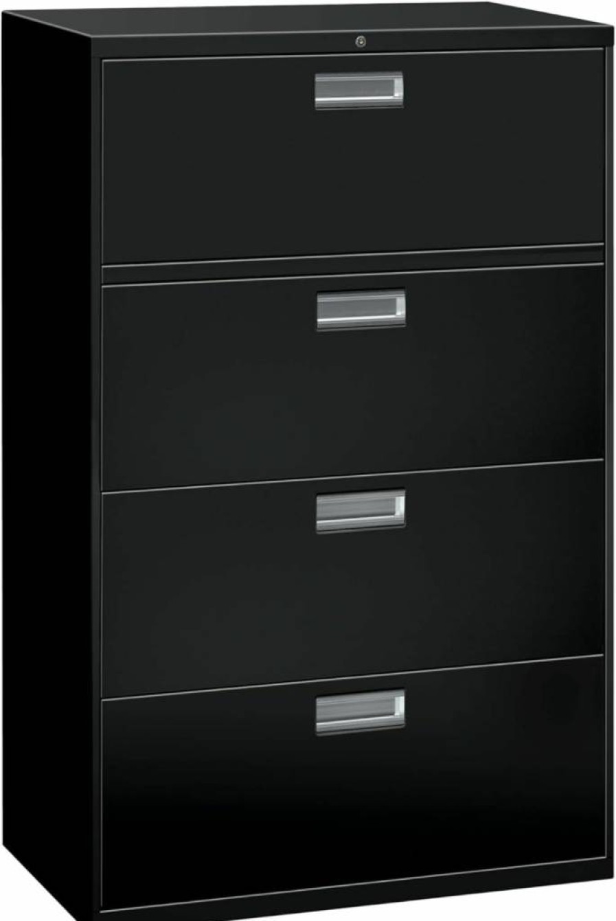 HON 4-Drawer Lockable Lateral File Cabinet, Black Metal Office Storage for A4/Legal/Letter Files, 18" Depth, Adjustable Hangrails